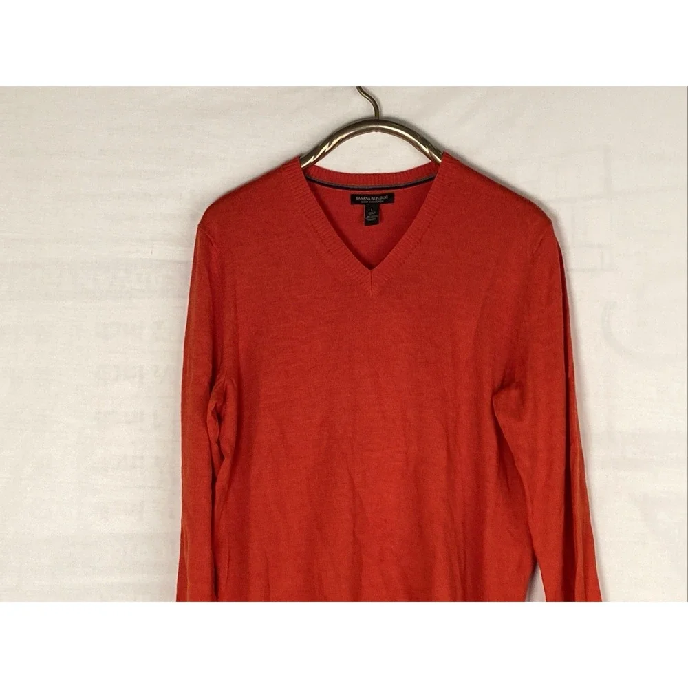 Banana Republic Bright Orange Merino Wool V Neck Stripe Sweater Mens Size L‎